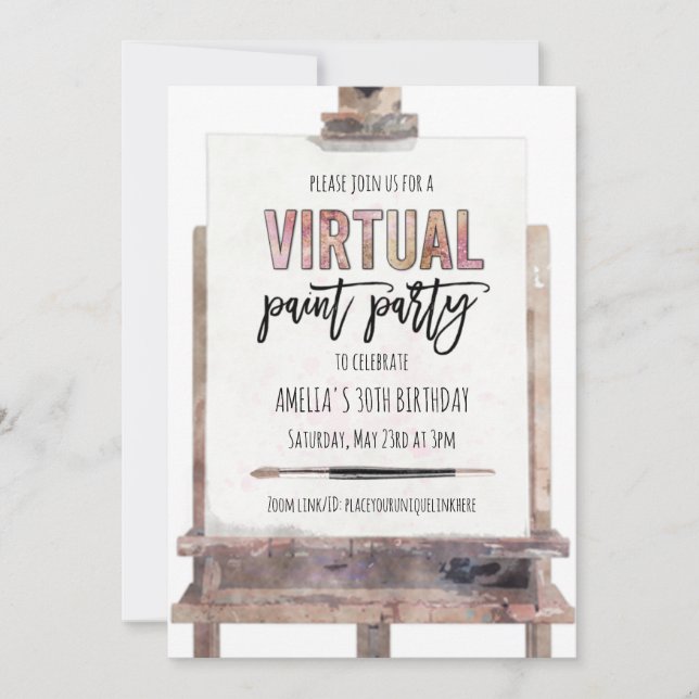 Pink Gold Easel Virtual Paint Party Erwachsene Geb Einladung (Vorderseite)