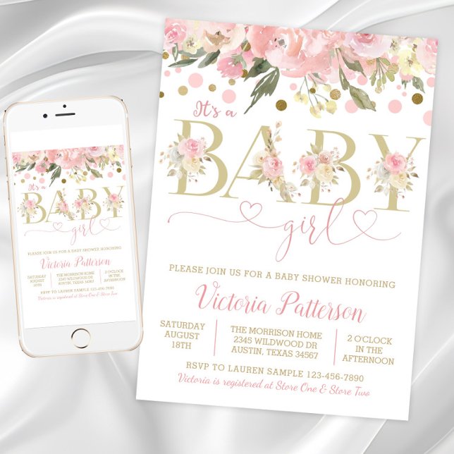 Pink Gold Eine Girl Watercolor Blumendusche Einladung (Blush pink gold floral baby shower invitation. Instant download and printed invitations available.)