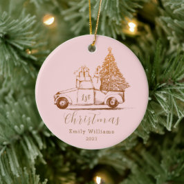 Pink Gold Elegant Foto Baby's First Christmas Keramik Ornament