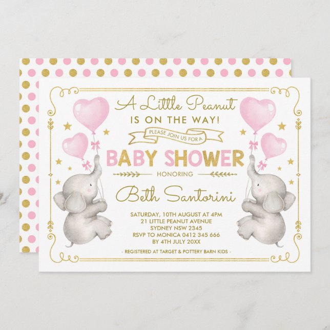 Pink Gold Elephant Baby Shower Jungle Einladung (Vorne/Hinten)