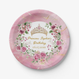 Pink Gold Fairytale Princess Crown Geburtstagspart Pappteller