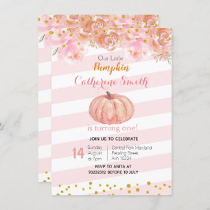 Pink Gold Fall Floral Pumpkin 1. Geburtstag Einladung