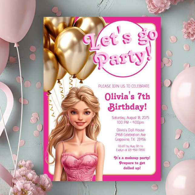 Pink Gold Fashion Doll Geburtstagsparty Einladung (Cute pink fashion doll any number birthday party invitation.)