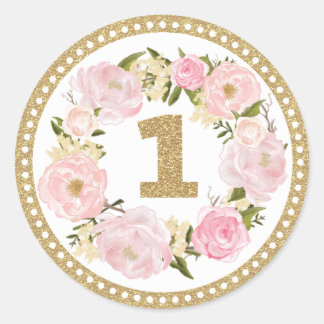 Pink & Gold Floral 1 Geburtstag Gefallen Tag Stick Runder Aufkleber