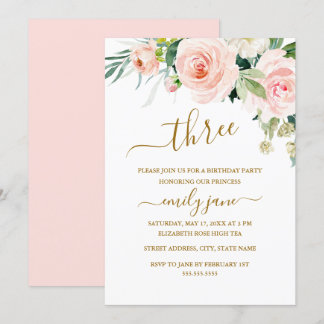 Pink Gold Floral 3. Geburtstag Party Einladung