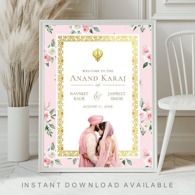Pink Gold Floral Anand Karaj Wedding Willkommensze Poster (Von Creator hochgeladen)