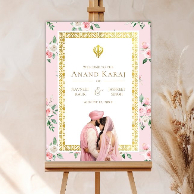 Pink Gold Floral Anand Karaj Wedding Willkommensze Poster (Von Creator hochgeladen)