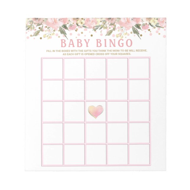 Pink Gold Floral Baby Dusche Bingo Spielkarten Notizblock (Vorderseite)