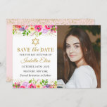 Pink Gold Floral Bat Mitzvah Foto Save the Date<br><div class="desc">Pink Gold Floral Bat Mitzvah Foto Save the Date</div>