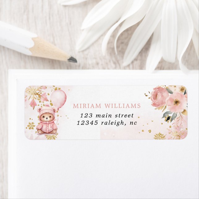 Pink Gold Floral Bear Babydusche Rücksendeadresse (Insitu)