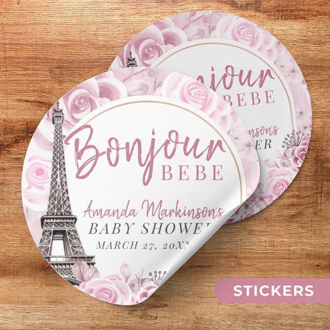 Pink Gold Floral Bonjour Bebe Baby Dusche Runder Aufkleber (Von Creator hochgeladen)