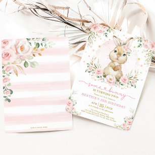 Pink Gold Floral Bunny Rabbit Girl Geburtstagspart Einladung