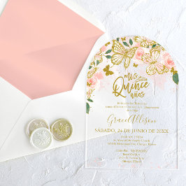 Pink Gold Floral Butterfly Quinceañera Acryleinladungen