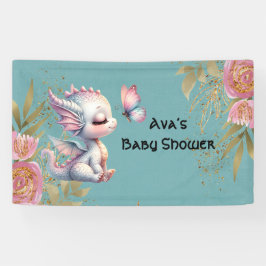 Pink Gold Floral Dragon Butterfly Girl Babydusche Banner