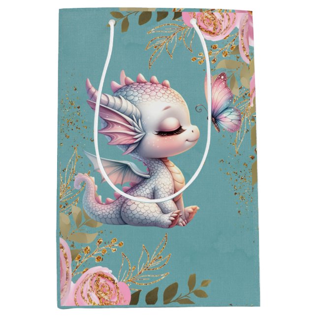 Pink Gold Floral Dragon Butterfly Girl Babydusche Mittlere Geschenktüte (Vorderseite)