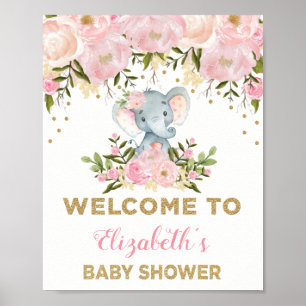Pink Gold Floral Elephant Baby Dusche Begrüßungsze Poster
