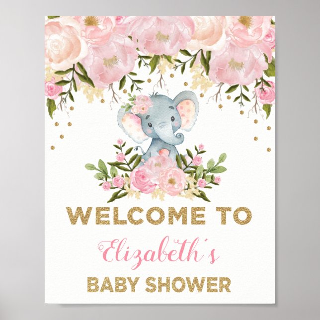 Pink Gold Floral Elephant Baby Dusche Begrüßungsze Poster (Vorne)