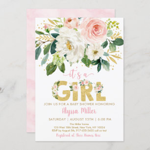 Pink Gold Floral Girl Babydusche Einladung