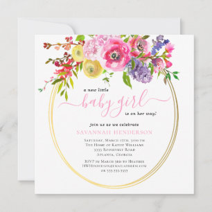 Pink Gold Floral Girl Babydusche Einladung