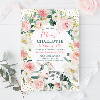 Pink Gold Floral Girl Kuh 1. Geburtstag Einladung