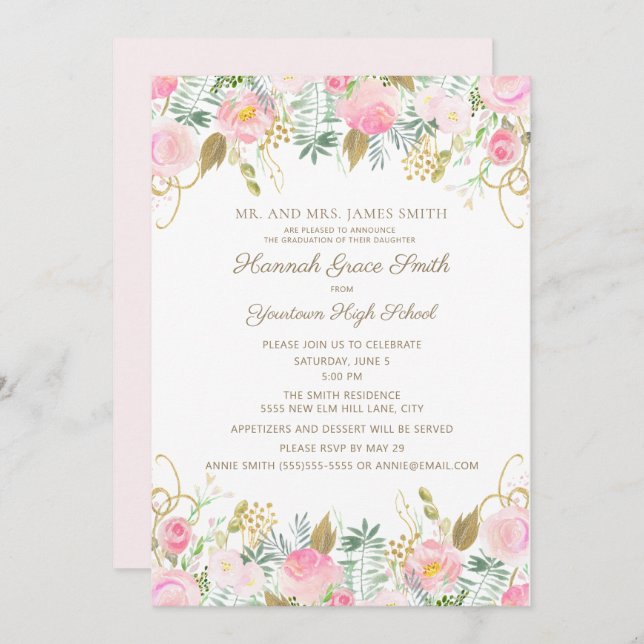 Pink Gold Floral Girls Graduation Party Einladung (Vorne/Hinten)