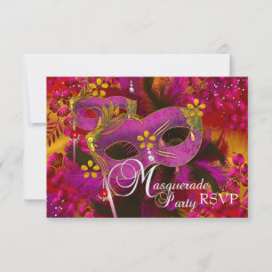 Pink Gold Floral Masquerade-Party RSVP Karte