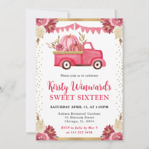 Pink Gold Floral Pumpkin Truck Fall Sweet 16 Einladung