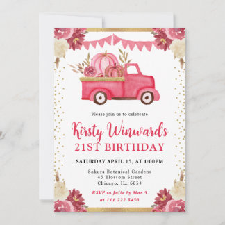 Pink Gold Floral Pumpkin Truck Herbst 21. Geburtst Einladung