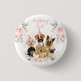 Pink Gold Floral Puppy Hunde Geburtstagskarte Button