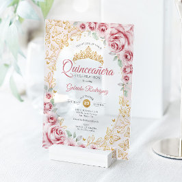 Pink Gold Floral Quinceanera Acryleinladungen