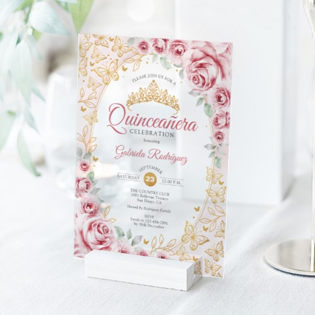 Pink Gold Floral Quinceanera Acryleinladungen (Von Creator hochgeladen)