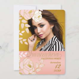 Pink Gold Floral Spanische Quinceanera mit Foto Einladung