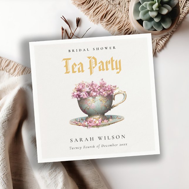 Pink Gold Floral Teacup Brautparty Teezeremonie Pa Serviette (Von Creator hochgeladen)