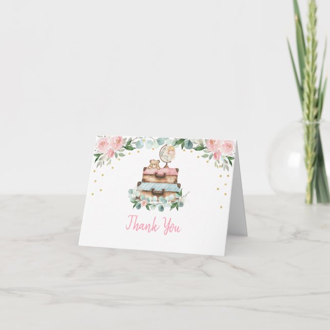 Pink Gold Floral Travel Baby Dusche Dankeskarte (Vorderseite)