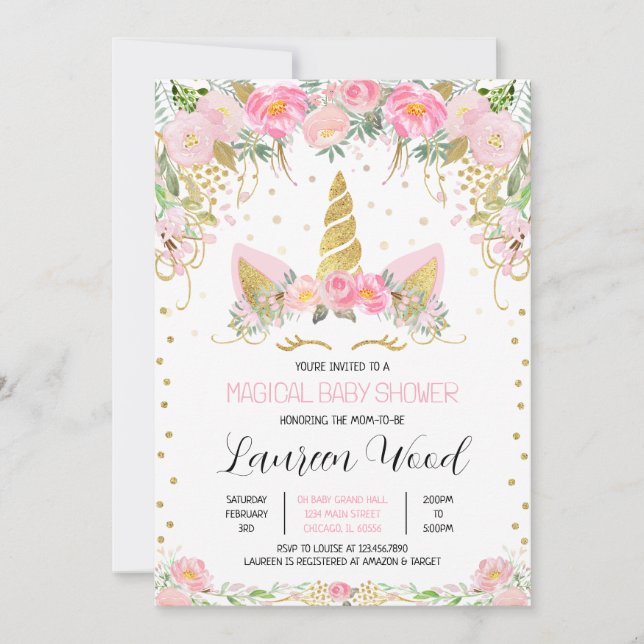 Pink Gold Floral Unicorn Baby Shower Einladung (Vorderseite)