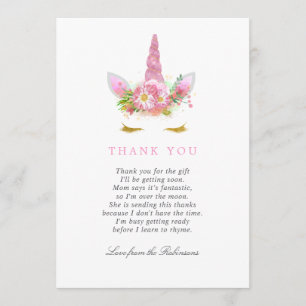 Pink & Gold Floral Unicorn Girl Baby Dusche Dank Dankeskarte