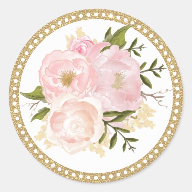 Pink Gold Floral Wedding Vielen Dank Round Sticker (Vorderseite)