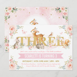Pink Gold Floral Woodland Tiere 3. Geburtstag Einladung
