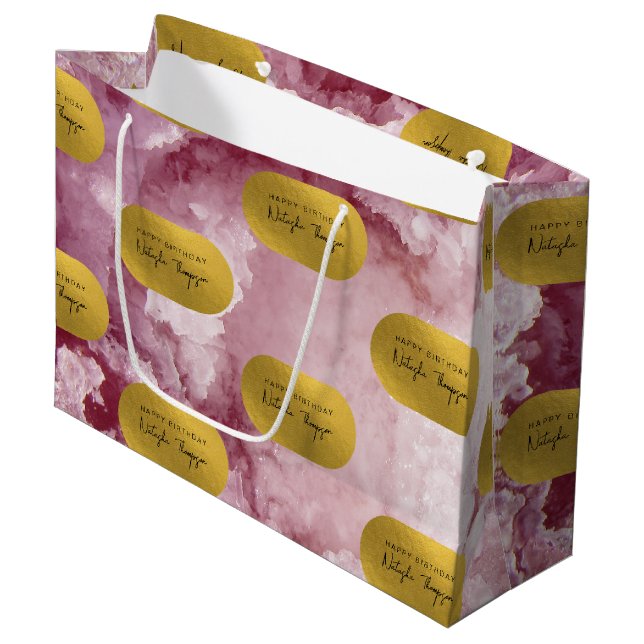 Pink Gold Foil Sea Crystals Signature Script Große Geschenktüte (Vorderseite Schrägansicht)