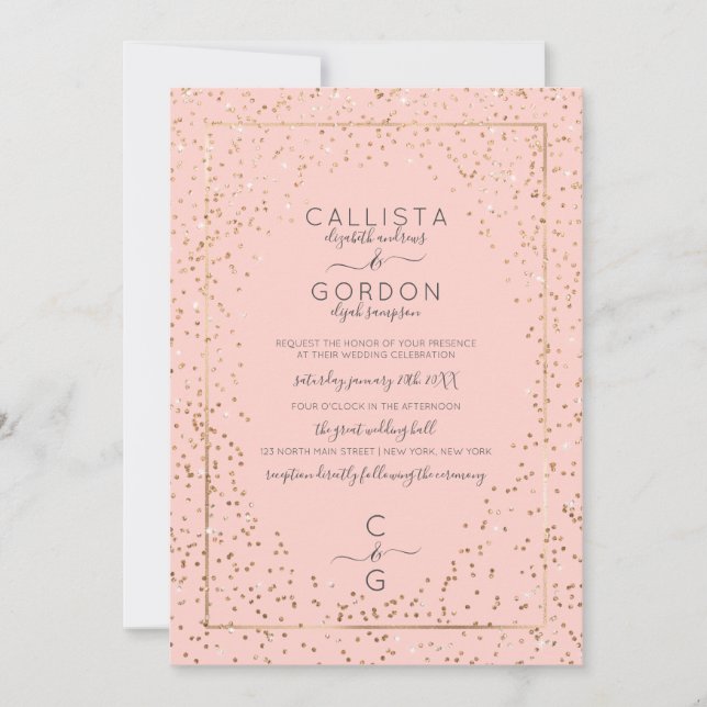 Pink Gold Funkelnd Glitzer Confetti Border Wedding Einladung (Vorderseite)