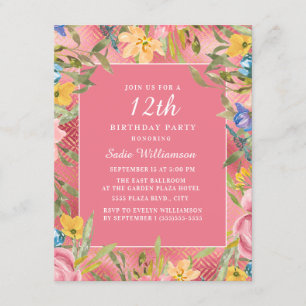 Pink Gold Gelb Blau Floral 12. Geburtstag Einladung