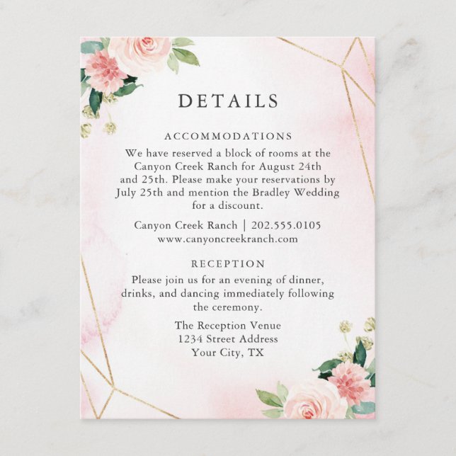 Pink & Gold Geometric Floral Guest Details Card Begleitkarte (Vorderseite)