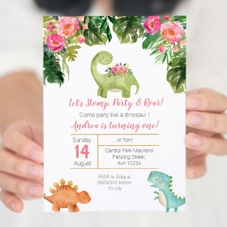 Pink & Gold Girl Dinosaur Geburtstagsaufenthalt Einladung