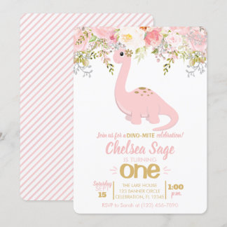 Pink & Gold Girl Dinosaurier Floral Geburtstag Einladung