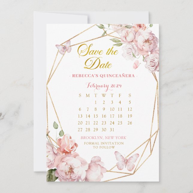 Pink Gold Girl Quinceañera Save the Date Kalender Einladung (Vorderseite)