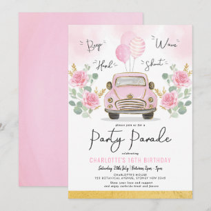 Pink Gold Girls Drive by Birthday Parade Einladung