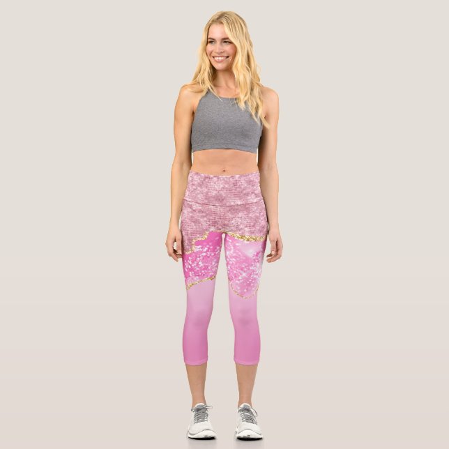 Pink Gold Glam Glitzer Bling Trendy Capri Leggings (Vorderseite)
