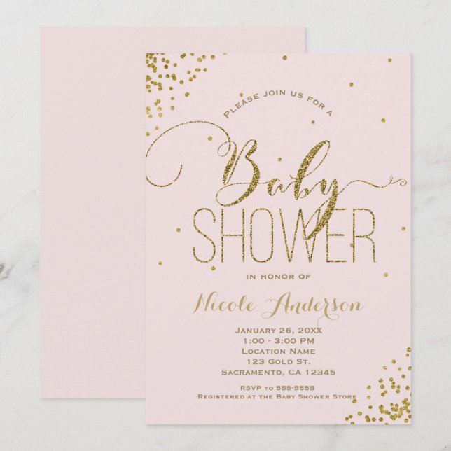Pink & Gold Glam Glitzer Corners BABY SHOWER Einladung (Vorne/Hinten)
