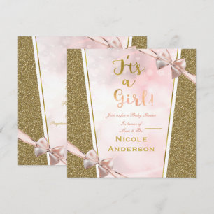 Pink Gold Glitter Glam It's a Girl Schleifen-Baby- Einladung