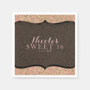 Pink & Gold Glitter Glam Schwarze Geburtstagsfeier Serviette